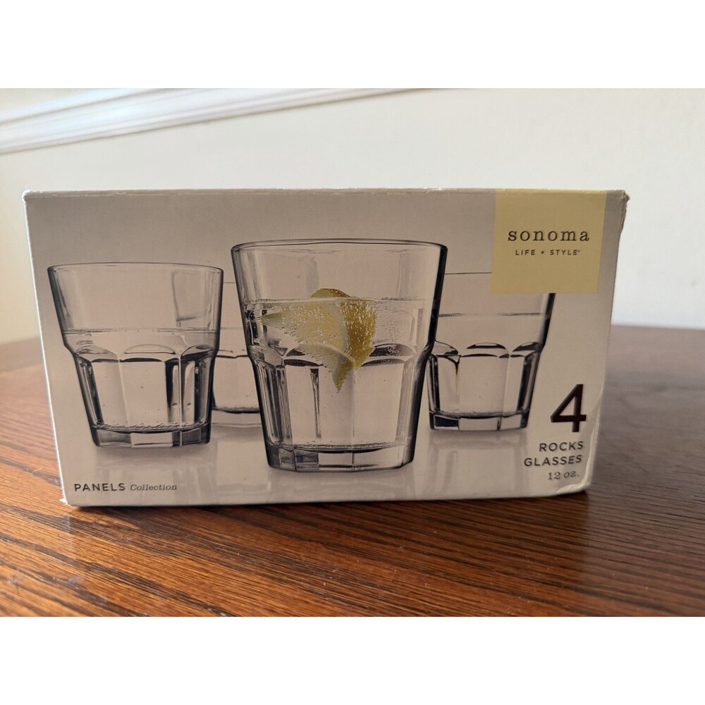 Set (4) Kohl's Sonoma 120z Rocks Glasses Clear Panels Collection